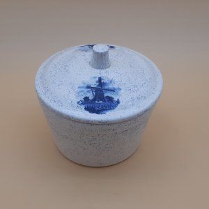 Delft Style Ceramic Container -Windmill Decor with Blue Speckles